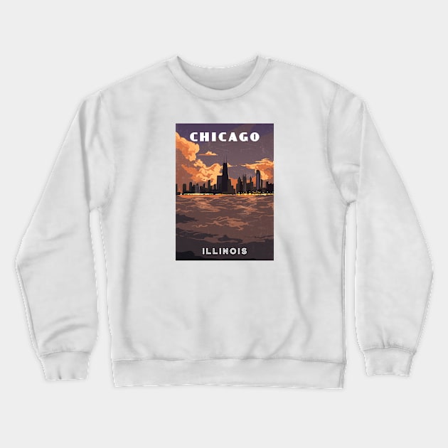 Chicago, Illinois, USA. Sunset.Retro travel poster Crewneck Sweatshirt by GreekTavern